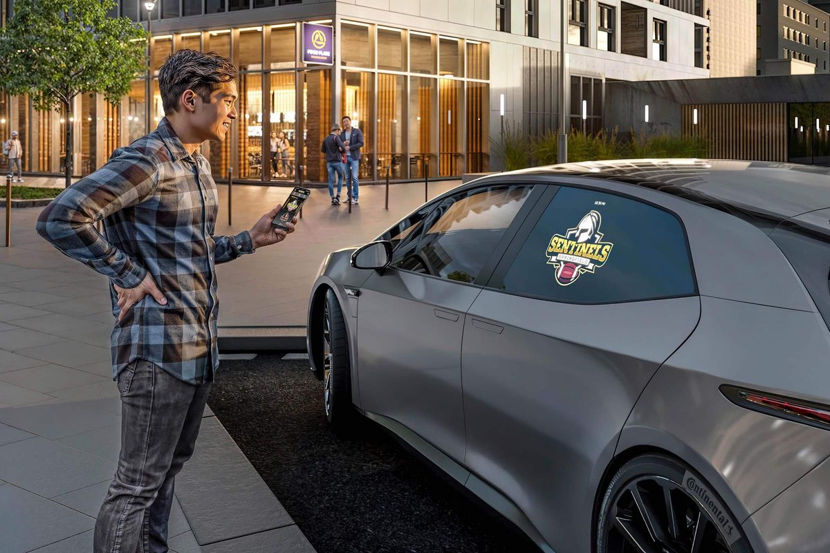 Auch personalisierte Inhalte lassen sich mit der Window Projection anzeigen. Auf dem Stadionparkplatz zeigt das System zum Beispiel das Wappen des Lieblingsvereins an. Foto: Continental Auch personalisierte Inhalte lassen sich mit der Window Projection anzeigen. Auf dem Stadionparkplatz zeigt das System zum Beispiel das Wappen des Lieblingsvereins an. Foto: Continental