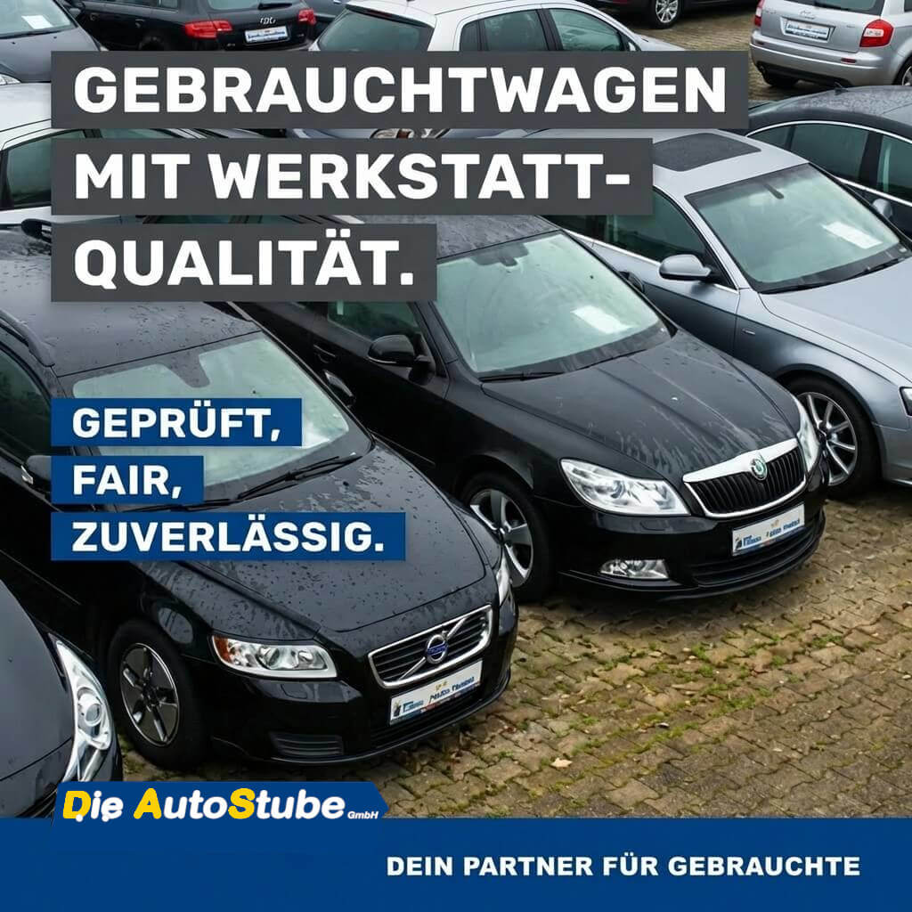 GenKI-Bild: Quadratisches Social-Media-Motiv eines Gebrauchtwagenplatzes mit mehreren Autos, links darüber weiße Headline auf dunkelgrauen und blauen Balken, unten ein blauer Streifen mit autopro-Logo und Claim „DEIN PARTNER FÜR GEBRAUCHTE.“